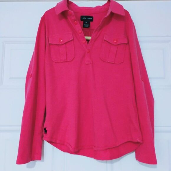 Ralph Lauren Girls 6X Cargo Pocket Soft Knit Shirt Roll Tab Sleeves Fuchsia Pink - Picture 1 of 13